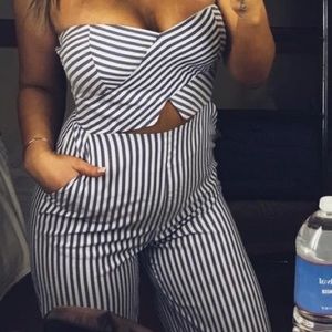 Blue and white striped jumpsuit
